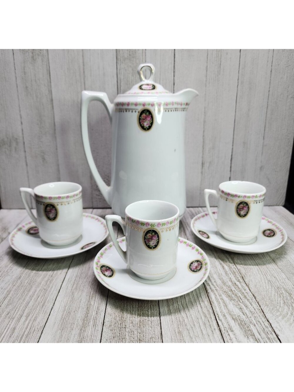 Vintage Bavaria Chocolate Tea Set Porcelain Victorian Gold Trim Pink Roses